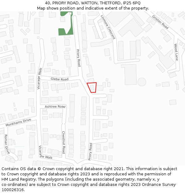 40, PRIORY ROAD, WATTON, THETFORD, IP25 6PQ: Location map and indicative extent of plot