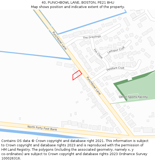 40, PUNCHBOWL LANE, BOSTON, PE21 8HU: Location map and indicative extent of plot