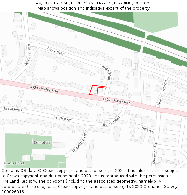 40, PURLEY RISE, PURLEY ON THAMES, READING, RG8 8AE: Location map and indicative extent of plot