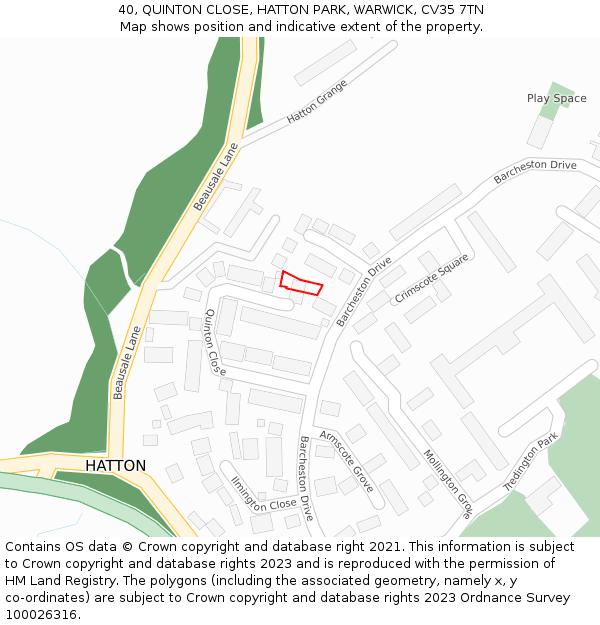 40, QUINTON CLOSE, HATTON PARK, WARWICK, CV35 7TN: Location map and indicative extent of plot