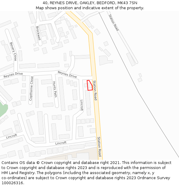 40, REYNES DRIVE, OAKLEY, BEDFORD, MK43 7SN: Location map and indicative extent of plot