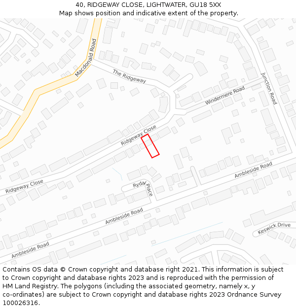 40, RIDGEWAY CLOSE, LIGHTWATER, GU18 5XX: Location map and indicative extent of plot