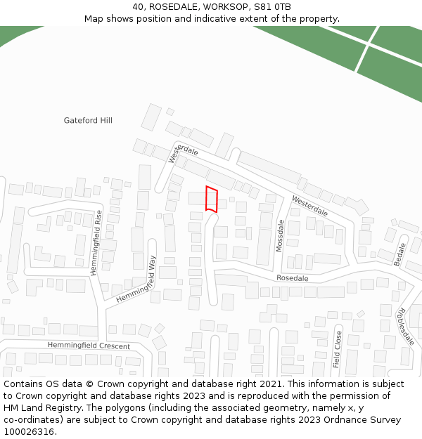 40, ROSEDALE, WORKSOP, S81 0TB: Location map and indicative extent of plot