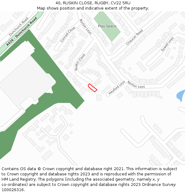 40, RUSKIN CLOSE, RUGBY, CV22 5RU: Location map and indicative extent of plot