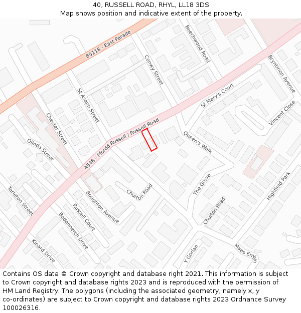 40, RUSSELL ROAD, RHYL, LL18 3DS: Location map and indicative extent of plot