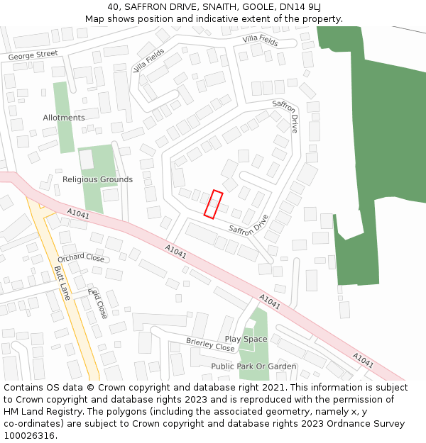 40, SAFFRON DRIVE, SNAITH, GOOLE, DN14 9LJ: Location map and indicative extent of plot