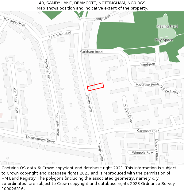 40, SANDY LANE, BRAMCOTE, NOTTINGHAM, NG9 3GS: Location map and indicative extent of plot