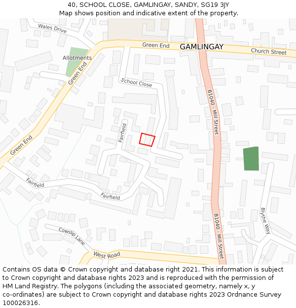 40, SCHOOL CLOSE, GAMLINGAY, SANDY, SG19 3JY: Location map and indicative extent of plot