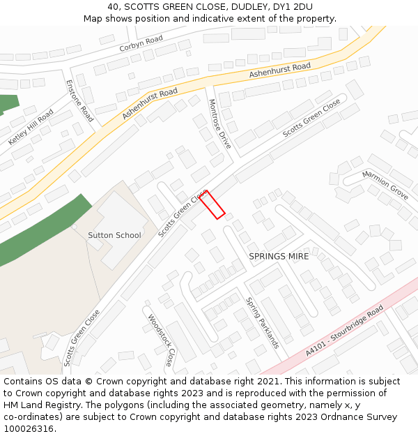 40, SCOTTS GREEN CLOSE, DUDLEY, DY1 2DU: Location map and indicative extent of plot