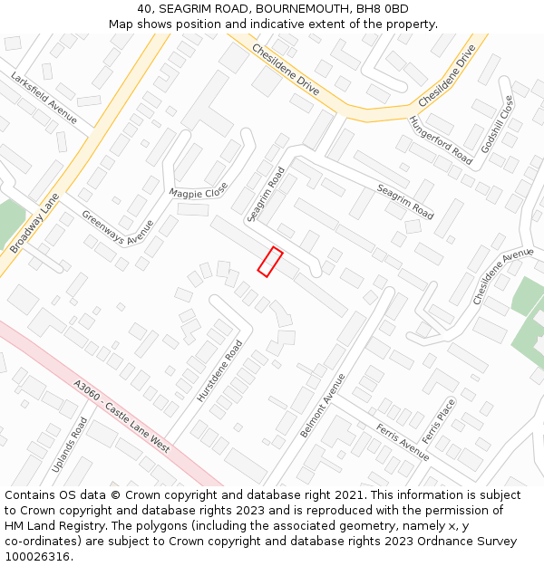 40, SEAGRIM ROAD, BOURNEMOUTH, BH8 0BD: Location map and indicative extent of plot