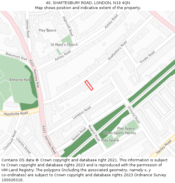 40, SHAFTESBURY ROAD, LONDON, N19 4QN: Location map and indicative extent of plot