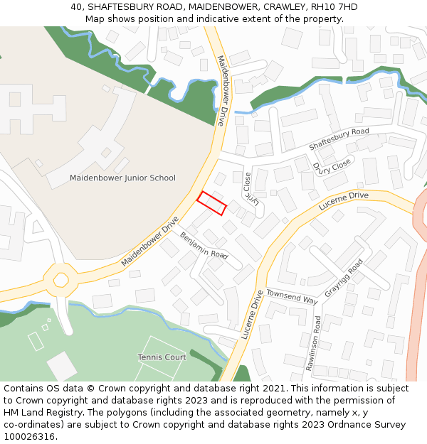 40, SHAFTESBURY ROAD, MAIDENBOWER, CRAWLEY, RH10 7HD: Location map and indicative extent of plot