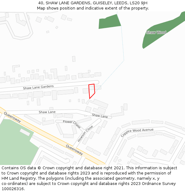 40, SHAW LANE GARDENS, GUISELEY, LEEDS, LS20 9JH: Location map and indicative extent of plot