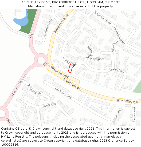 40, SHELLEY DRIVE, BROADBRIDGE HEATH, HORSHAM, RH12 3NT: Location map and indicative extent of plot