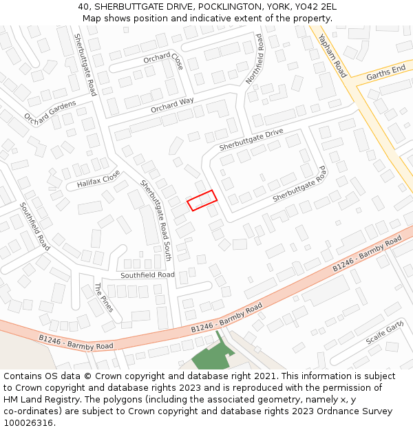 40, SHERBUTTGATE DRIVE, POCKLINGTON, YORK, YO42 2EL: Location map and indicative extent of plot