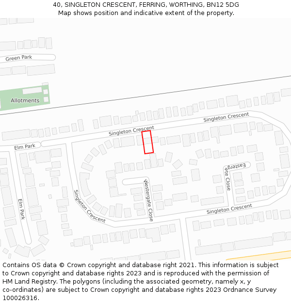 40, SINGLETON CRESCENT, FERRING, WORTHING, BN12 5DG: Location map and indicative extent of plot