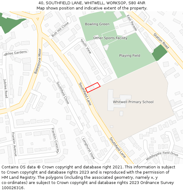 40, SOUTHFIELD LANE, WHITWELL, WORKSOP, S80 4NR: Location map and indicative extent of plot