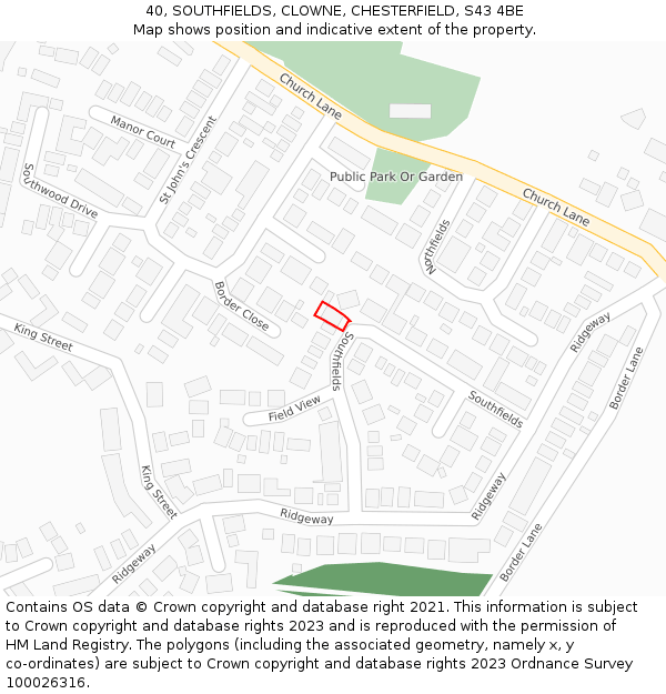 40, SOUTHFIELDS, CLOWNE, CHESTERFIELD, S43 4BE: Location map and indicative extent of plot