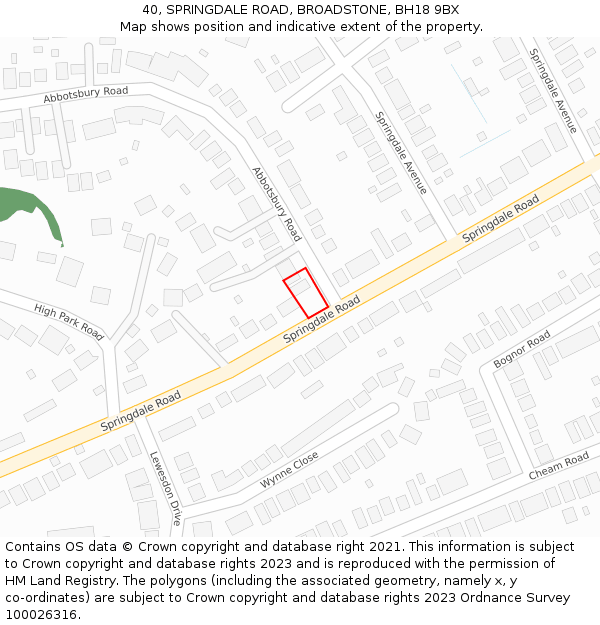 40, SPRINGDALE ROAD, BROADSTONE, BH18 9BX: Location map and indicative extent of plot