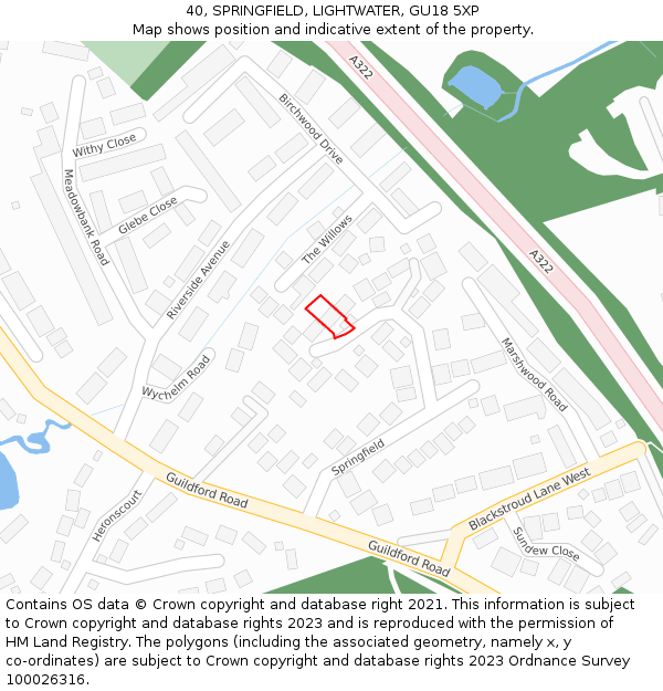 40, SPRINGFIELD, LIGHTWATER, GU18 5XP: Location map and indicative extent of plot