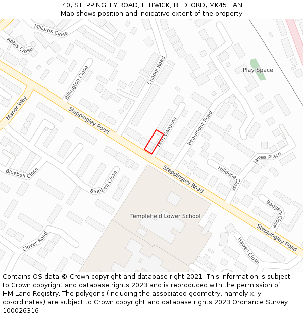 40, STEPPINGLEY ROAD, FLITWICK, BEDFORD, MK45 1AN: Location map and indicative extent of plot