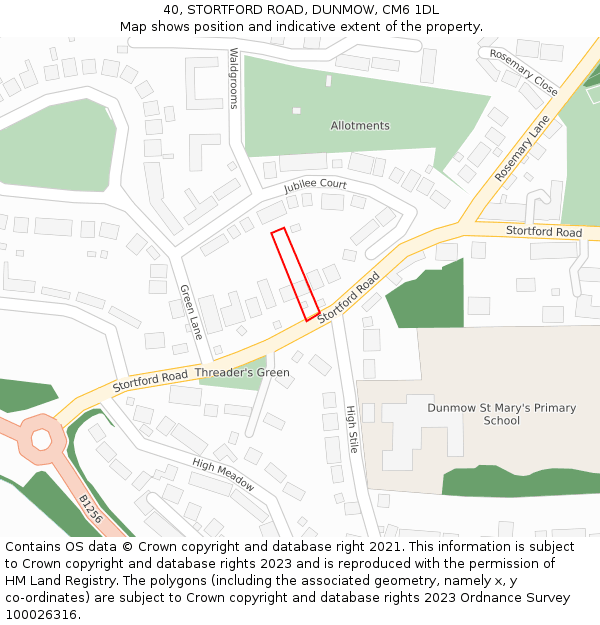 40, STORTFORD ROAD, DUNMOW, CM6 1DL: Location map and indicative extent of plot