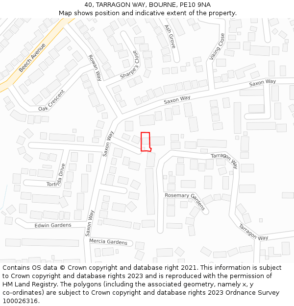 40, TARRAGON WAY, BOURNE, PE10 9NA: Location map and indicative extent of plot