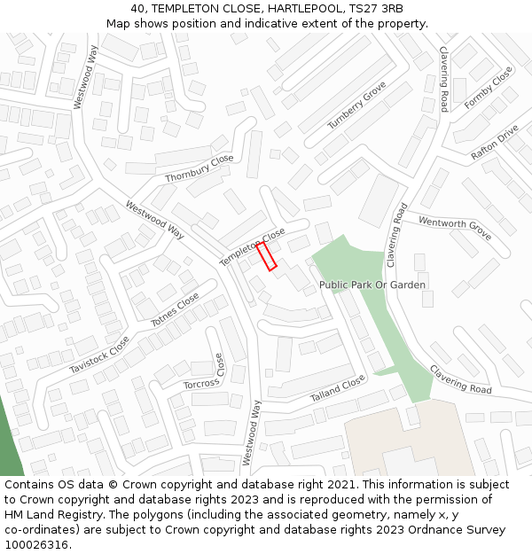 40, TEMPLETON CLOSE, HARTLEPOOL, TS27 3RB: Location map and indicative extent of plot