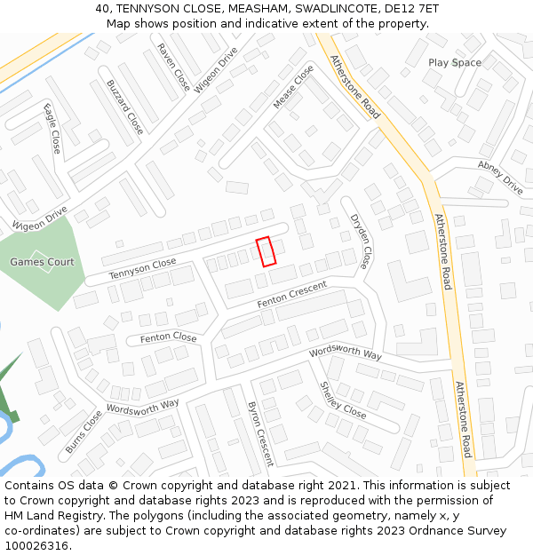 40, TENNYSON CLOSE, MEASHAM, SWADLINCOTE, DE12 7ET: Location map and indicative extent of plot