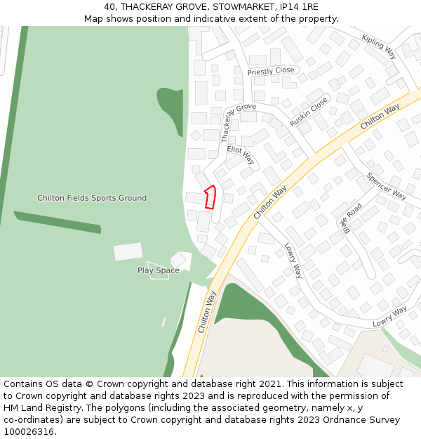 40, THACKERAY GROVE, STOWMARKET, IP14 1RE: Location map and indicative extent of plot