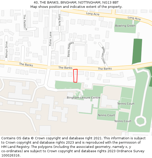 40, THE BANKS, BINGHAM, NOTTINGHAM, NG13 8BT: Location map and indicative extent of plot