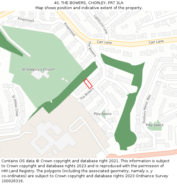 40, THE BOWERS, CHORLEY, PR7 3LA: Location map and indicative extent of plot