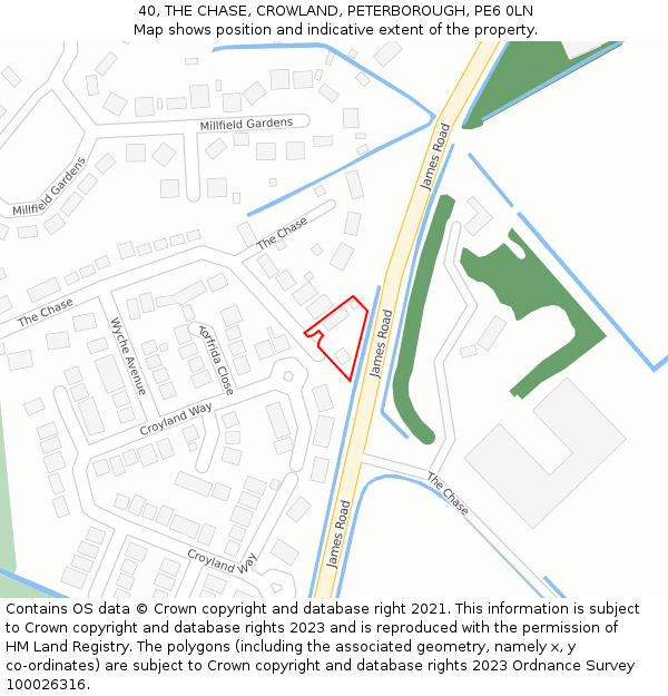 40, THE CHASE, CROWLAND, PETERBOROUGH, PE6 0LN: Location map and indicative extent of plot