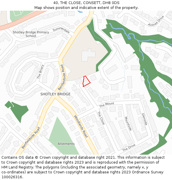 40, THE CLOSE, CONSETT, DH8 0DS: Location map and indicative extent of plot