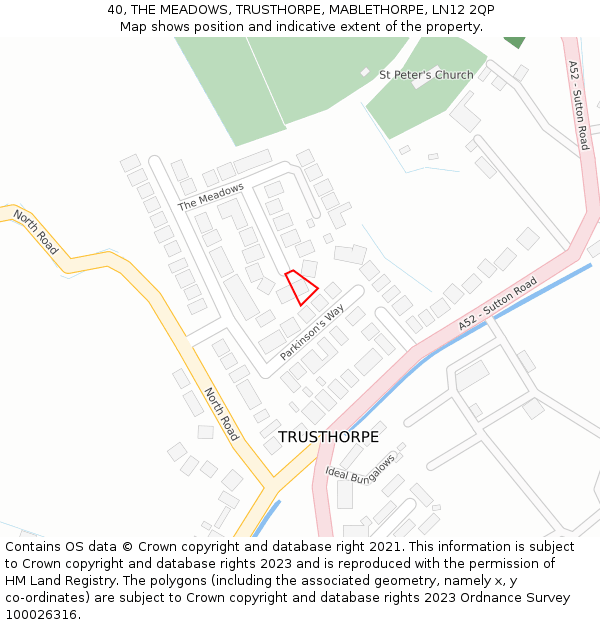 40, THE MEADOWS, TRUSTHORPE, MABLETHORPE, LN12 2QP: Location map and indicative extent of plot