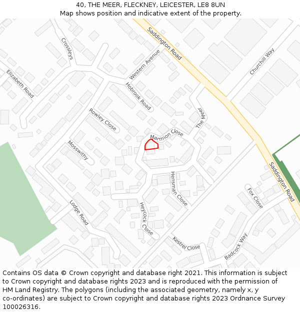 40, THE MEER, FLECKNEY, LEICESTER, LE8 8UN: Location map and indicative extent of plot