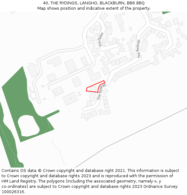 40, THE RYDINGS, LANGHO, BLACKBURN, BB6 8BQ: Location map and indicative extent of plot