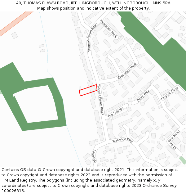 40, THOMAS FLAWN ROAD, IRTHLINGBOROUGH, WELLINGBOROUGH, NN9 5PA: Location map and indicative extent of plot