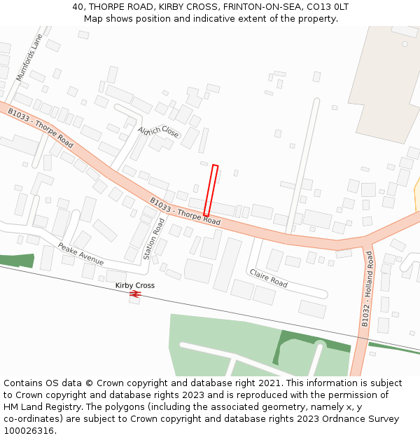 40, THORPE ROAD, KIRBY CROSS, FRINTON-ON-SEA, CO13 0LT: Location map and indicative extent of plot
