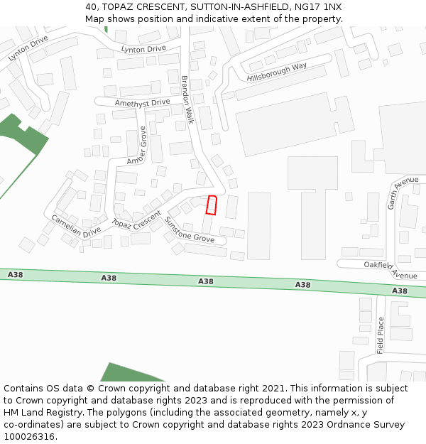 40, TOPAZ CRESCENT, SUTTON-IN-ASHFIELD, NG17 1NX: Location map and indicative extent of plot