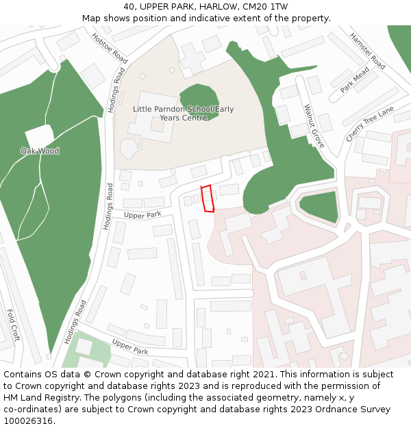 40, UPPER PARK, HARLOW, CM20 1TW: Location map and indicative extent of plot