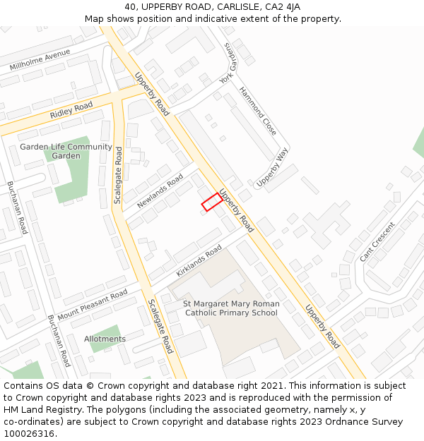 40, UPPERBY ROAD, CARLISLE, CA2 4JA: Location map and indicative extent of plot