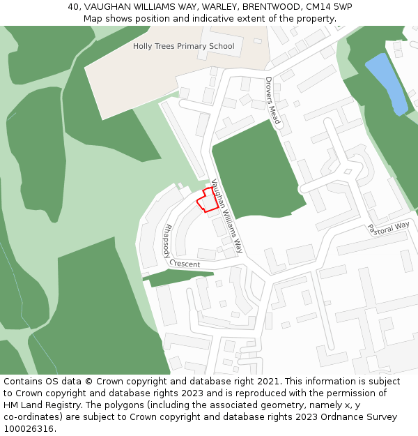40, VAUGHAN WILLIAMS WAY, WARLEY, BRENTWOOD, CM14 5WP: Location map and indicative extent of plot