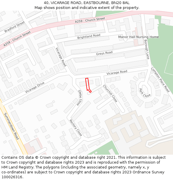 40, VICARAGE ROAD, EASTBOURNE, BN20 8AL: Location map and indicative extent of plot