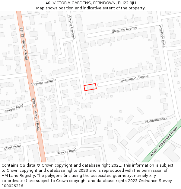 40, VICTORIA GARDENS, FERNDOWN, BH22 9JH: Location map and indicative extent of plot