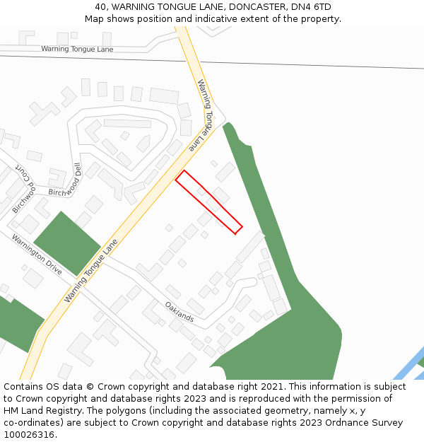 40, WARNING TONGUE LANE, DONCASTER, DN4 6TD: Location map and indicative extent of plot