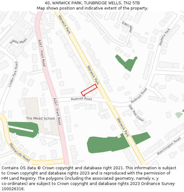 40, WARWICK PARK, TUNBRIDGE WELLS, TN2 5TB: Location map and indicative extent of plot