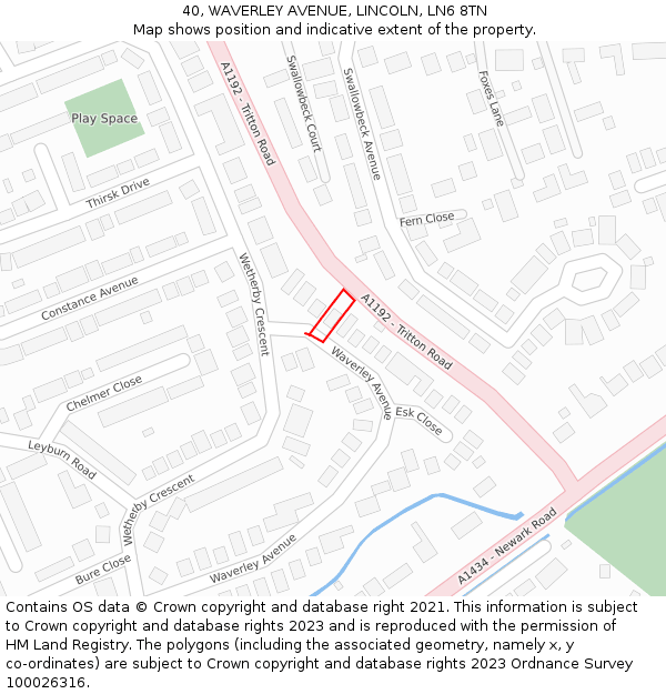 40, WAVERLEY AVENUE, LINCOLN, LN6 8TN: Location map and indicative extent of plot