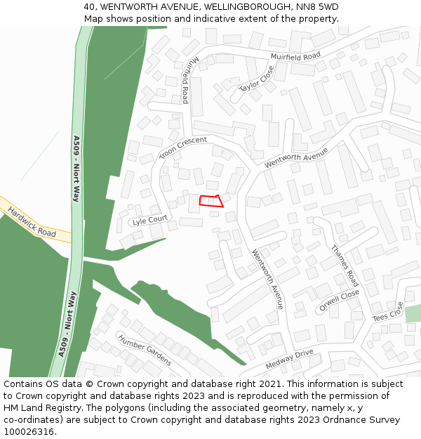 40, WENTWORTH AVENUE, WELLINGBOROUGH, NN8 5WD: Location map and indicative extent of plot