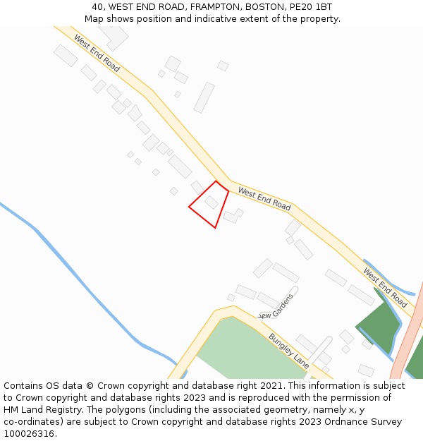 40, WEST END ROAD, FRAMPTON, BOSTON, PE20 1BT: Location map and indicative extent of plot